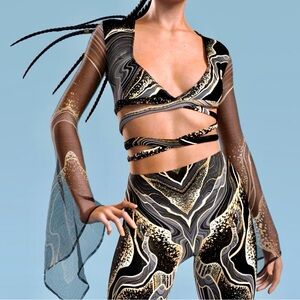 Stylish Black & Gold Print Wrap Crop Top - Women